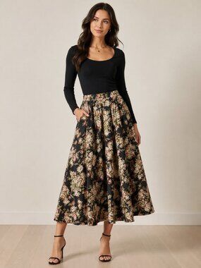 Vintage Floral Print Midi Skirt W/Elastic Waistband Black Multicolor  One Size